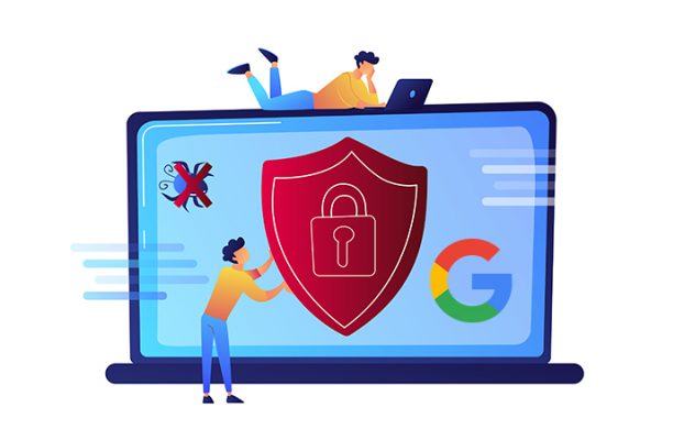 Programmer trying to protect his laptop from virus and protection shield vector illustration. Cyber security and antivirus protection, computer security concept. Isolated on white background.