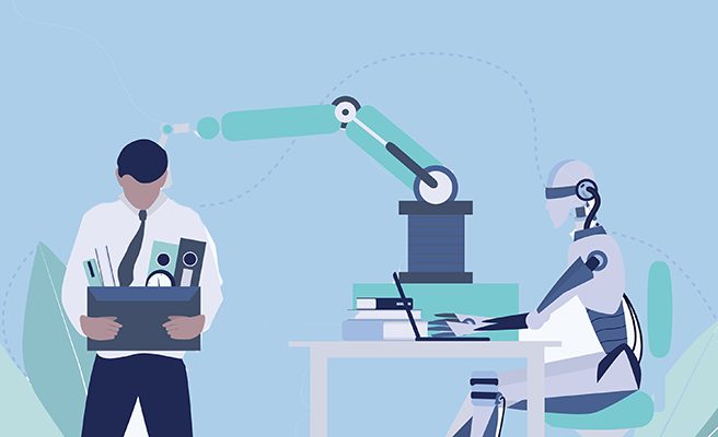Robot vs human business concept. Artificial intelligence works faster and better than human. Robot kick off human worker. Vector illustration in cartoon style