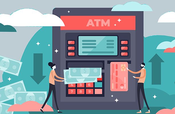 ATM cash machine vector illustration. Flat tiny persons with money concept. Customer deposit or transfer banknotes from plastic card to account. Secure withdraw terminal and modern checkout technology