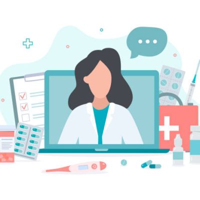 Online doctor concept. Expert advice via your computer. Flat vector illustration.